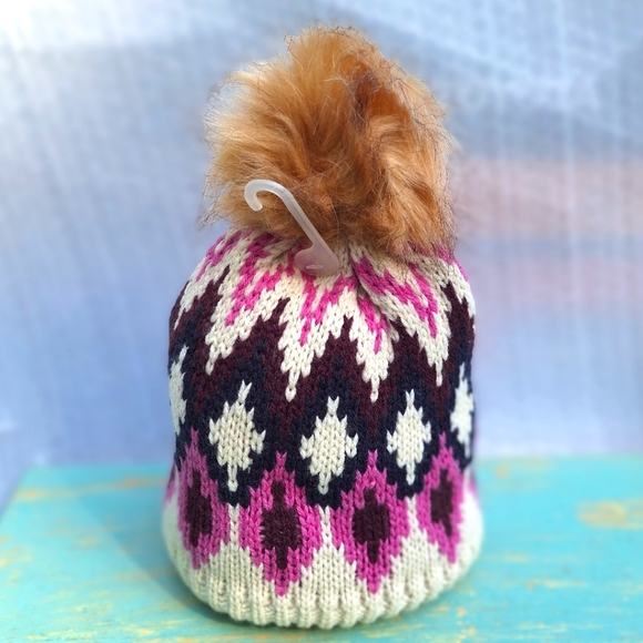 Scarf Hat Set Puff Ball Faux Fur Fringe Tassels Zig Zag Print Pink Knit Long NWT - Picture 4 of 16